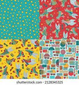 Roller skates, stars, bright seamless, retro background. A set seamless patterns. 