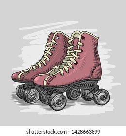 Roller skates vector drawing. Colored illustration on grey background