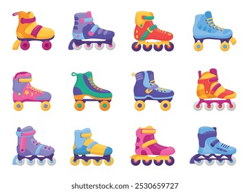 Rollschuhe. Vibrant Retro Sport Rollschuh, Vintage 90er 80er Jahre Stil Design von Kinderschuhen auf Rädern. Rollschuhausrüstung, sportlich neoterischer Vektorsatz