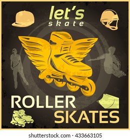 Roller skates vintage poster with yellow boot with wings in center sportsmen on black background vector illustration