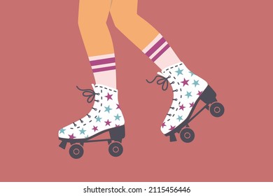 Roller skates. Vintage quad roller skating. Retro rollers. Park skates. Legs in knee high socks. Sport lifestyle active leisure. Outdoor and indoor activity. Colorful Isolated flat vector illustration