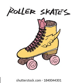 Roller skates with wings, inked in yellow illustration with letters. Exercise footwear and sport equipment artwork. Rolling shoe with wheels sketch. Disco rolling boots, trend from 80s pen drawing.