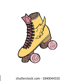 Roller skates with wings, inked in yellow drawing illustration. Exercise footwear and sport equipment artwork. Rolling shoe with wheels contour sketch. Disco rolling boots, trend from 80s pen drawing.