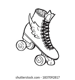 Roller skates with wings, outline drawing illustration. Exercise footwear and sport equipment vector artwork. Rolling shoe with wheels contour sketch. Disco rolling boots, trend from 80s pen drawing.