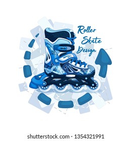 Roller skates for the young man. Sport style. Modern geometric pattern. The emblem with an inscription and a background of flowers.