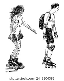 Roller skates,couple,girl,guy,pair,teenagers,young people,skating,backpack,profile,summer,sport,activity,real people,hand drawn,illustration,black and white,two persons,motion,vector,sketch, outline