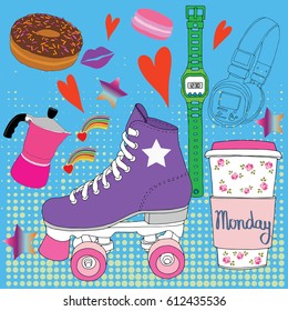 Roller skates,monday, fashion illustration vector