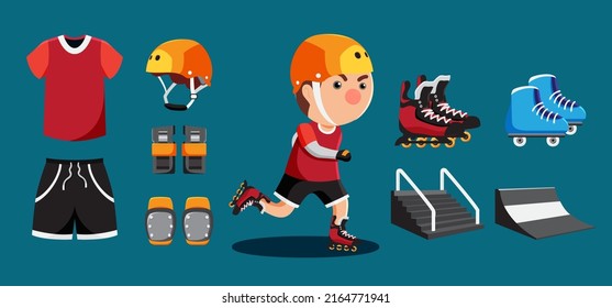 Roller Skating Athletics Player Cartoon And Equipment Set Such As Roller Skate, Helmet, Shoes, Slope, Rink. Objects Isolated On A Blue Background.