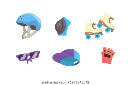 Roller Skating Attributes with Helmet and Kneepad Vector Set