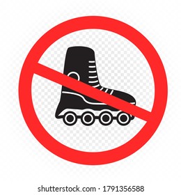 Roller skating ban sign symbol on white transparent background. No roller skates sticker. Skate prohibition label template