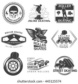 Roller skating black white labels with sportman helmet frame wheel cap skull rays wings isolated vector illustration