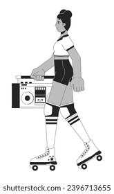 Roller skating with boombox black and white cartoon flat illustration. Black female 80s hip hop 2D lineart character isolated. Eighties vintage. Nostalgia fashion monochrome scene vector outline image