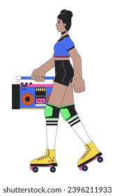 Roller skating with boombox line cartoon flat illustration. Black female 80s hip hop 2D lineart character isolated on white background. Eighties vintage. Nostalgia fashion scene vector color image