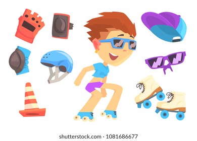 Roller skating boy, set for label design. Colorful cartoon detailed Illustrations