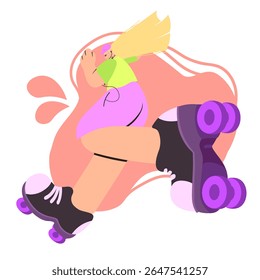 Roller skating character leaning forward in action wearing vibrant clothes and purple skates