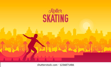 Roller skating in the city park vector illustration. Sport lifestyle design concept. Setting of laces on black roller 
