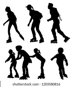 Roller skating couple in love enjoying in park vector silhouette isolated on white background. Skater boy riding wheels with skater girl. Woman and man family rollerblading with backpacks. Healthcare.