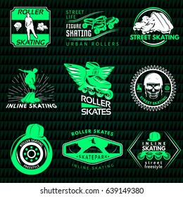 Roller skating emblems with sportsman boots frame wheels helmet on black green textural background isolated vector illustration