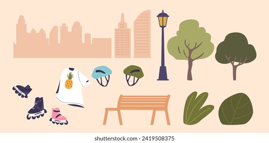 Roller Skating Equipment and City Icons Set. Helmet Protection, T-shier, Rollerblades, Cityscape Silhouette, Green Trees