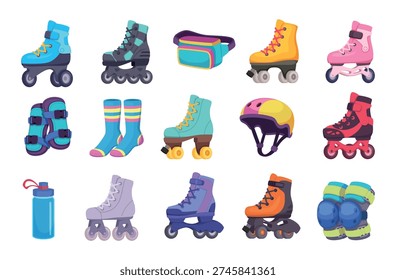 Roller skating equipment. Retro style roller skates and items for extreme riding exact vector collection pictures in cartoon style