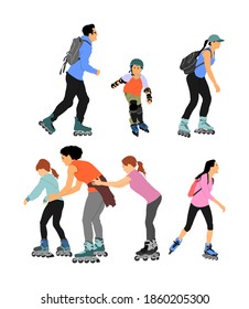 Roller skating family enjoying in park vector illustration isolated on white background. Skater boy riding wheels with girl. Woman and man family rollerblading. Mother and children sport recreation.