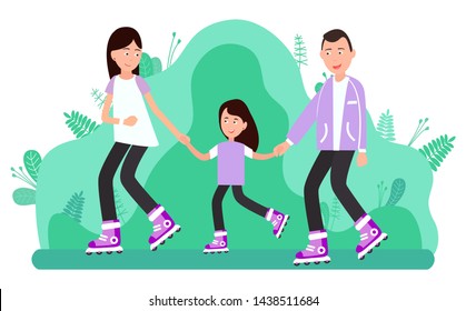 Roller skating family vector, people in park spending time together. Dad and mom with daughter, mother father leading active lifestyle. Smiling character