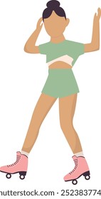 Roller Skating Female Character. Flat Vector Illustration Isolated on White Background.