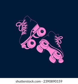 Roller skating footwear. Retro rollerskate with wheels, laces. Old shoe for rink, walking, roll. 90s activity, 70s active leisure, 80s sport hobby. Monochrome flat isolated vector illustration