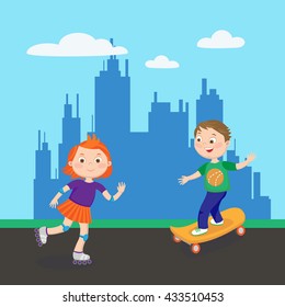 Roller Skating Girl and Boy. Kids Playing in the City. Vector illustration