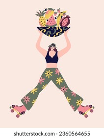 Roller skating girl in chamomile print flare pants. Funny cartoon illustration with skater women character poster. Hand drawn vector illustration in colorful retro style.
