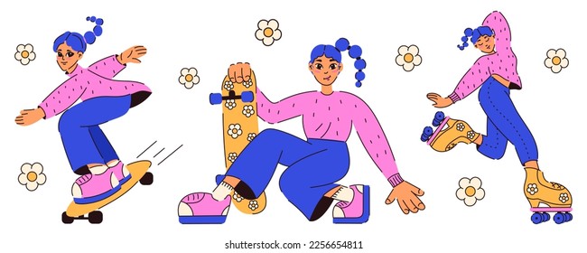 Roller skating girl character. Retro girl with blue hair on skateboard. Trendy 90s style. Nostalgia for 90s - 2000s. Vector isolated set. Flat style.