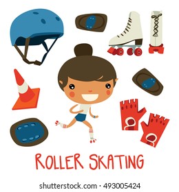 roller skating girl. cute cartoon character and equipment set. protective gloves, helmet and stuff