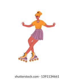 Roller Skating Girl, Female Athlete Character Riding on Roller Skates, Active Healthy Lifestyle Vector Illustration