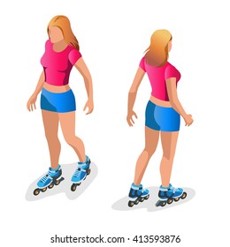 Roller Skating girl. Flat 3d vector isometric illustration.