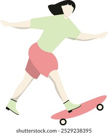 Personaje plano de la muchacha del patinaje sobre ruedas aislado en el fondo blanco. Diseño de Ilustración vectorial