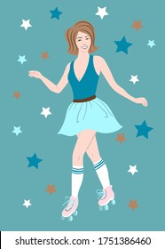 Roller skating girl on roller rink illustration. Retro card with stars