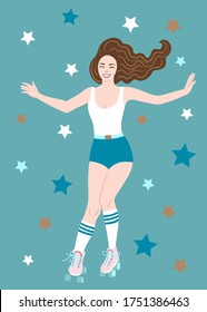 Roller skating girl on roller rink illustration. Retro card with stars