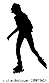 Roller skating girl in park rollerblading vector silhouette isolated on white background. In-line skating. Young woman with backpack on roller, sport action outdoor. Active life in park, health care.