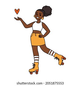 Roller skating girl standing with heart symbol in hand. African American young woman in summer outfit. Cartoon vector illustration for poster, social media, advert, or print. Hobby, sports lifestyle.