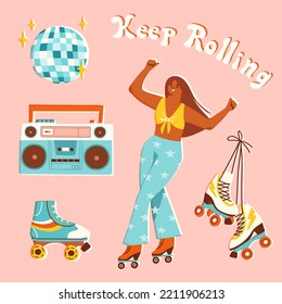 Roller skating girl in star print flare pants, roller skates, disco ball and boombox. Vector illustration of roller disco concept. Hand drawn elements in colorful retro style.