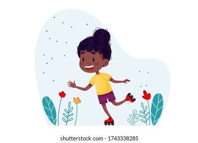 Roller skating girl vector cartoon illustration. Happy kid walking on rollers. Summer holidays outdoor activities for children. Vector illustration on white isolated background.