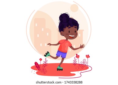 Roller skating girl vector cartoon illustration. Happy kid walking on rollers. Summer holidays outdoor activities for children. Vector illustration on white isolated background.