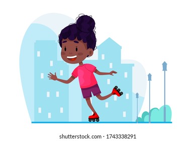 Ilustración de dibujos animados vectoriales de una chica de patinaje sobre ruedas. Niño feliz caminando sobre rodillos. Vacaciones de verano al aire libre para niños. Ilustración vectorial sobre fondo blanco aislado.