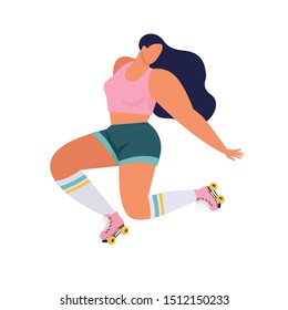 Roller skating girl in vector in retro 70s style. Funny cartoon illustration with skater women character with girl power.