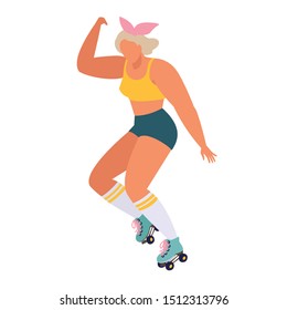 Roller skating girl in vector in retro 70s style. Funny cartoon illustration with skater women character with girl power.