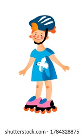 Roller skating girl wearing protective helmet. Little child rides on roller skates isolated on white background. Vector character illustration of rollerblading, sport activity, outdoor leisure