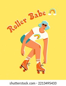 Roller skating girl wearing sunglasses. Vector illustration of a roller skater in colorful retro style. 80s or 90s active summer hobby concept.