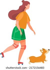 Roller skating girl. Young woman roller skates with her little friend dog, rollerblading teenager active lifestyle, trendy leisure time outdoors, female character in colorful clothes, extreme sport