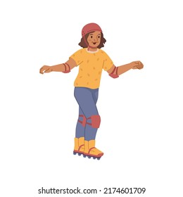 Roller skating girl, young woman roller skater, rollerblading teenager active trendy leisure time outdoor. Vector flat cartoon character in colorful clothes, extreme sport