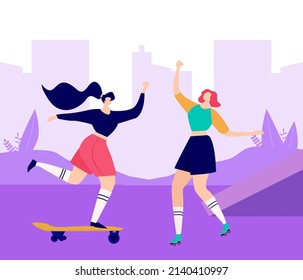Roller skating girls dancing on the street illustration in vector. Girl power concept poster. Roller and skater park. Editable vector illustration